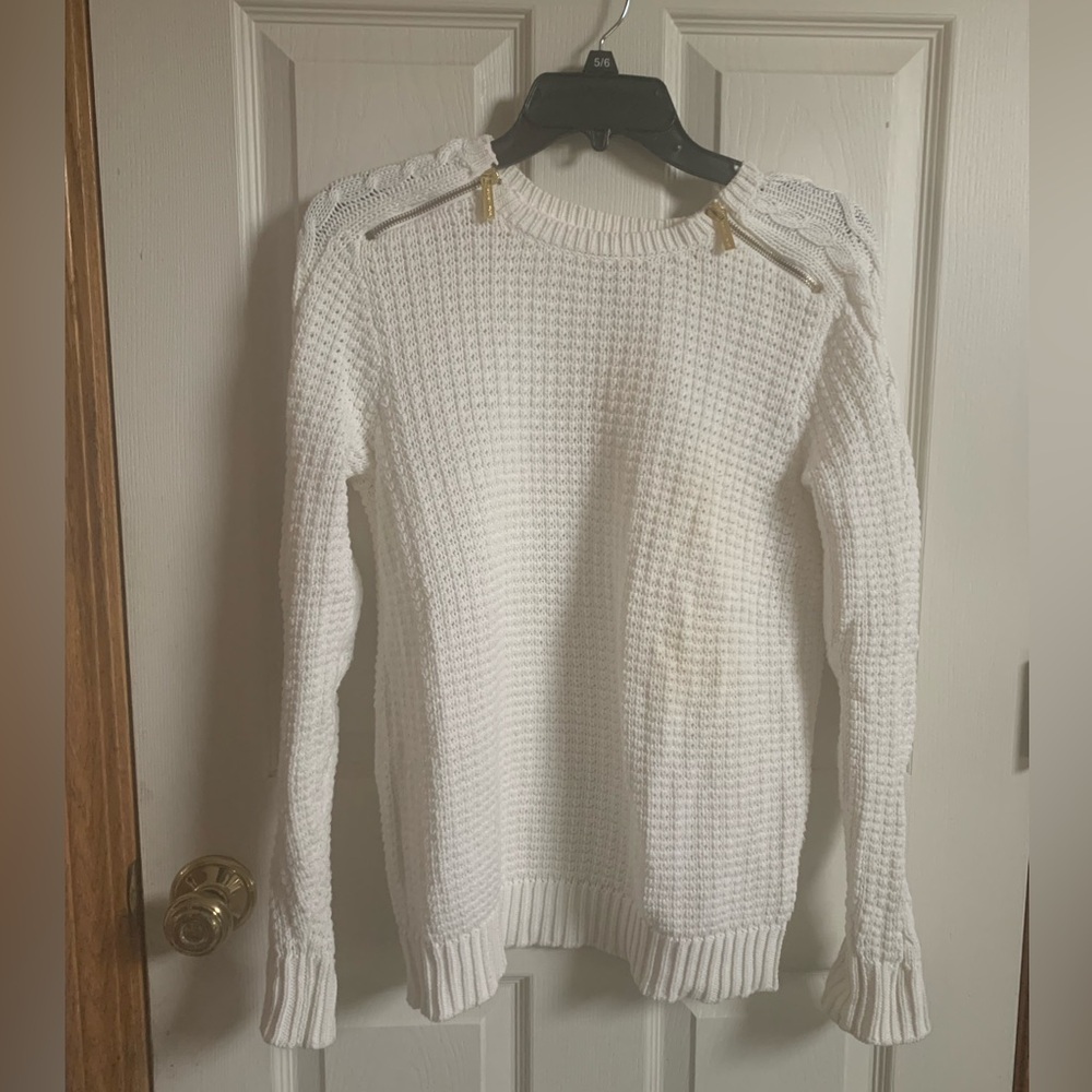 Michael Kora white cotton sweater with gold zippers